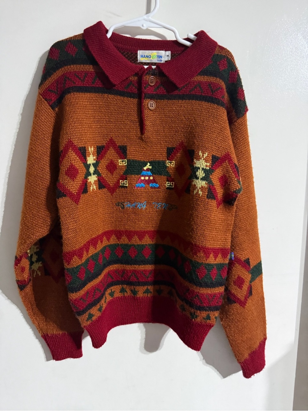 VTG EUC Hang Ten Kids Long Sleeve Knit collared Polo Sweater Size M